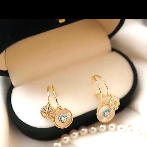 Gold Plated Disc with Turquoise Beads Earrings - Picture 3 of 7